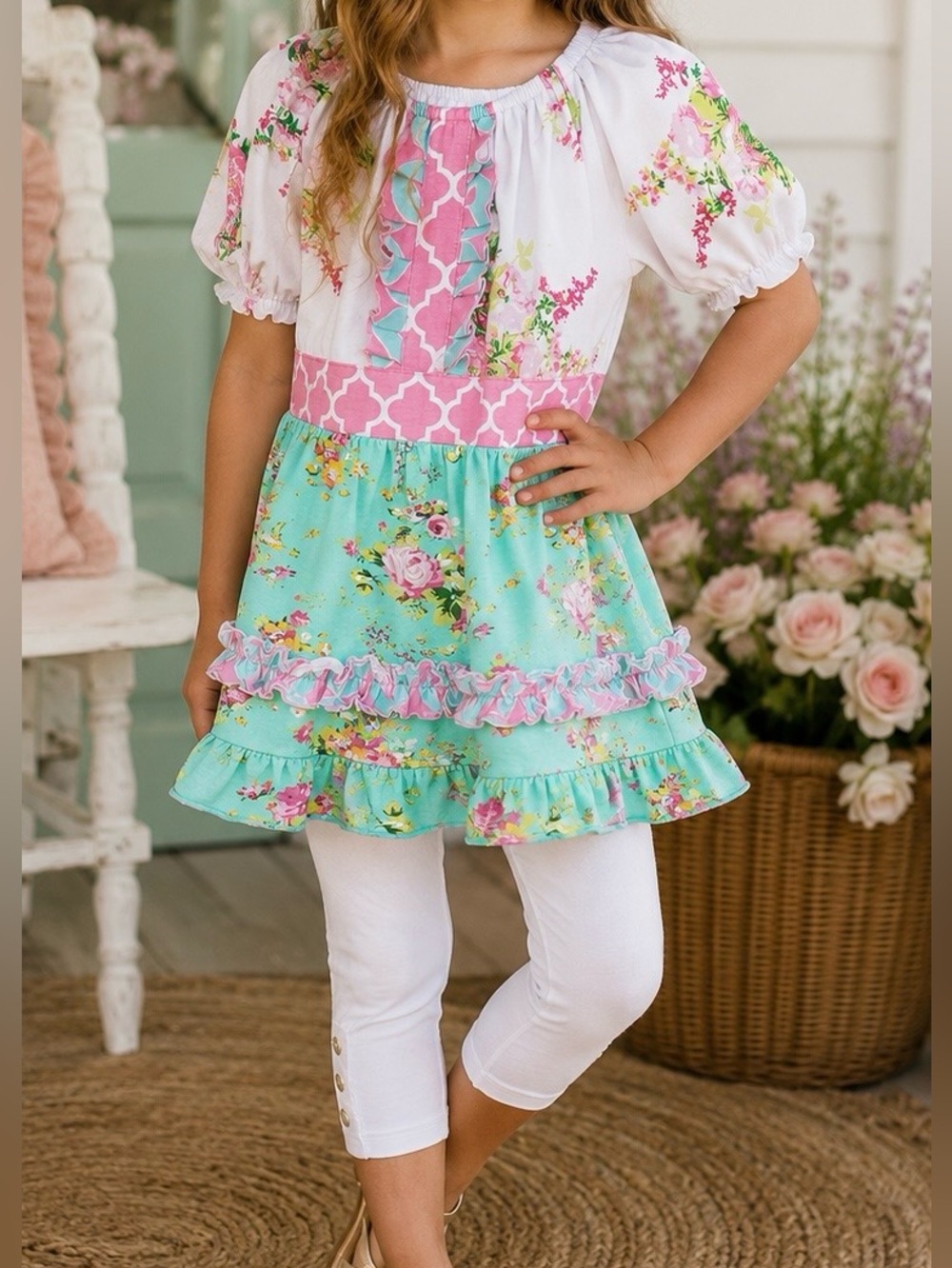 Boutique Girls Peasant Tunic Top Floral Pink Aqua Puff Sleeve size 6/7